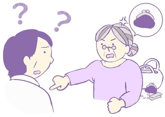 認知症　もの盗られ妄想　財布がなくなり盗られたと思い込み相手を責める高齢女性のイラスト