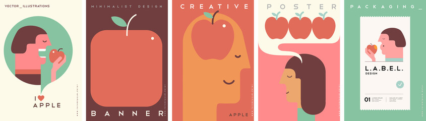 Fototapeta Apples. Benefits of apples. Set of vector illustrations. Simple, modern style. Background for label. cover, poster, animation. obraz