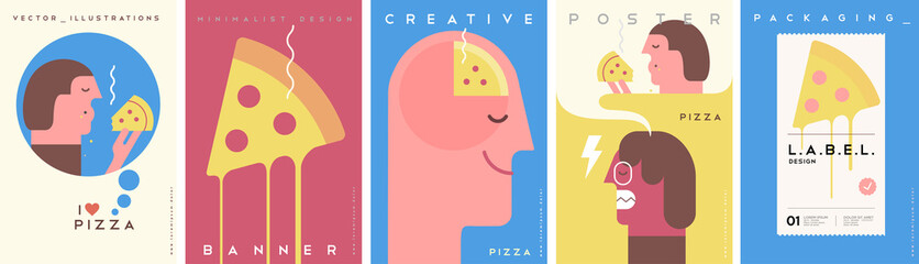 Pizza. Hunger. Fast food. Hungry and angry. Set of vector illustrations. Simple, modern style. Background for label. cover, poster, animation.