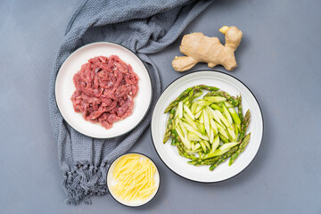 Special Chinese Sichuan Stir-Fried Vegetables, Asparagus, Stir-fried Beef and Ingredients