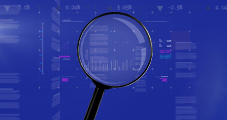 Image of financial data processing and magnifying glass over navy background