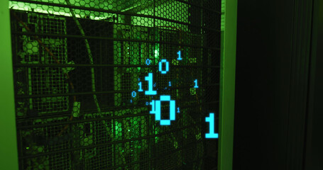 Image of binary coding over server room