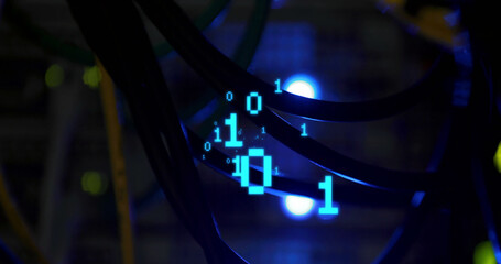Image of binary coding over server room