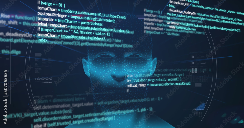 Poster image of digital head and data processing on blue background