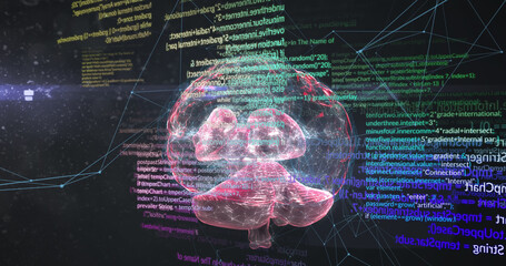 Image of digital brain and data processing on black background