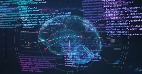 Image of digital brain and data processing on black background