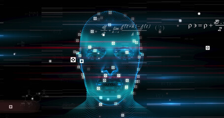 Image of digital head and mathematical equations on black background