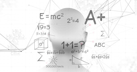 Image of digital head and mathematical equations on white background