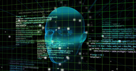Image of digital head and data processing on black background