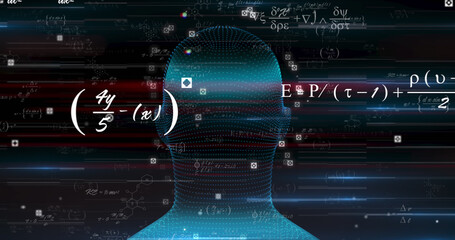 Image of digital head and mathematical equations on black background