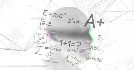 Image of digital head and mathematical equations on white background