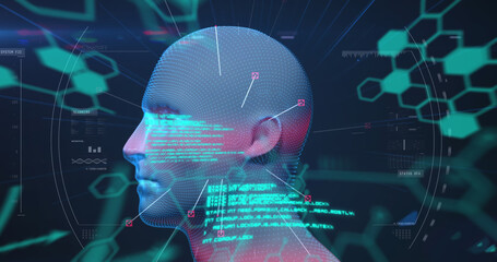 Image of digital head and data processing on black background
