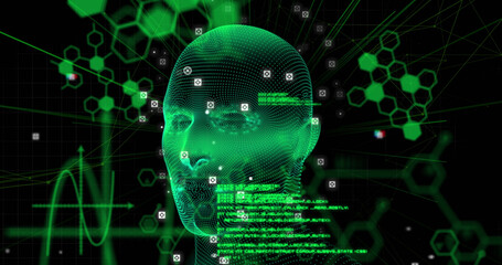 Image of digital head and data processing on black background