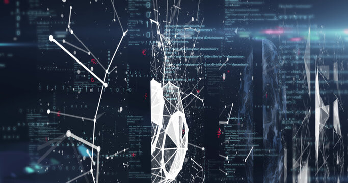 Image of data processing and shapes on black background