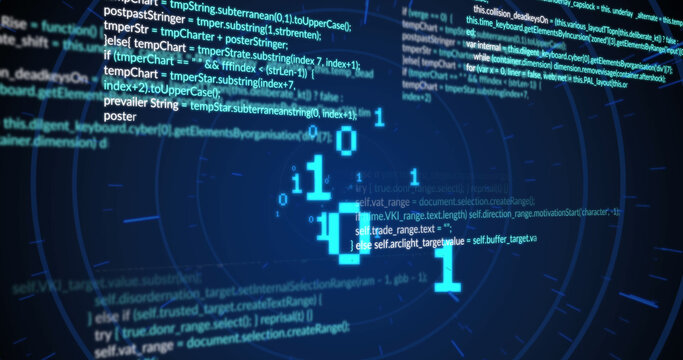 Image of data processing and circles on black background