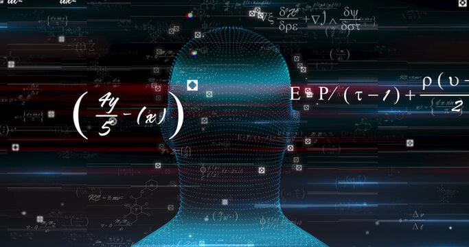 Image of digital head and mathematical equations on black background