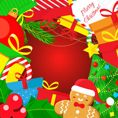Christmas background illustration with gift boxes and ornaments. Vector flat