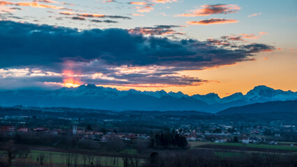 Winter colorful sunset in the countryside of Friuli-Venezia Giulia, Italy