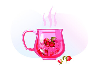 Cup with strawberry orange tea. Time o clock. Tea shop, break, cafe-bar, tea lover, tea party. Beverages concept. Vector illustration for advertising, poster, banner, flyer, for cafe menu.