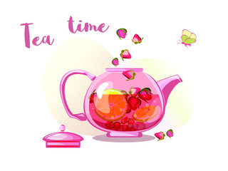 Cup with strawberry orange tea. Time o clock. Tea shop, break, cafe-bar, tea lover, tea party. Beverages concept. Vector illustration for advertising, poster, banner, flyer, for cafe menu.