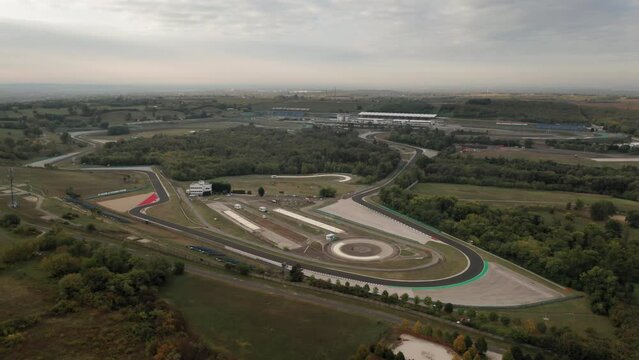 Aerial view of complete Hungaroring race track, overview of the circuit, corners