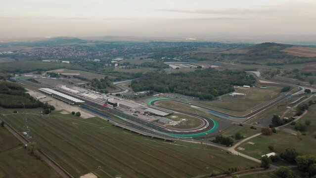 Aerial view of complete Hungaroring race track, overview of the circuit, paddock