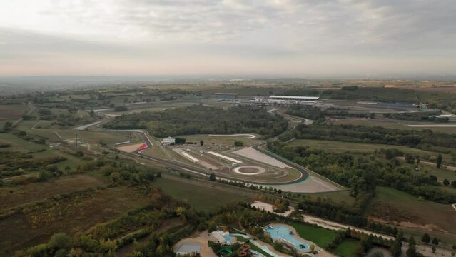 Aerial view of complete Hungaroring race track, overview of the circuit, corners