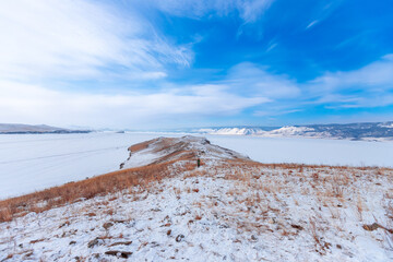 Landscape winter island Ogoy lake Baikal travel Russia