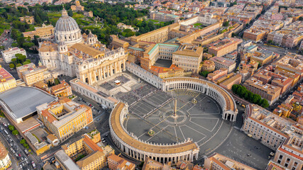 Aerial view of Papal Basilica of Saint Peter in the Vatican located in Rome, Italy, before a weekly general audience. It's the most important and largest church in the world and residence of the Pope. - Powered by Adobe