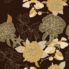 Seamless pattern with flowers peony  and decor leaves.