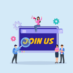 Fototapeta premium Join Us vector concept. business people standing with Join Us text on the screen