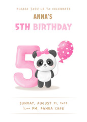 Birthday party invitation with cute little panda girl with number five, pink balloon and bow. Vector illustration