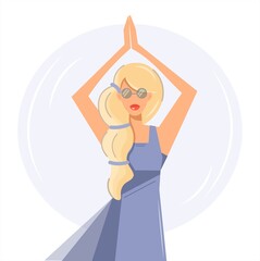 Dancing young woman. A girl in a tree pose practices yoga. Stylish blonde in sunglasses. Modern design. The concept of positive, creativity, active sports. Vector isolated illustration in flat style