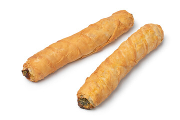 Fresh baked Turkish Spinach and feta stuffed rolls, called Borek, close up for a snack isolated on...