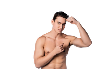 shirtless man with perfect body holding dental floss isolated on white.