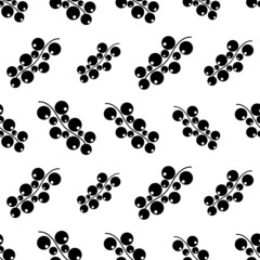 Seamless pattern with currants. Black sign wild berries on white background. Currants icon flat. Summer background with berries. Design for print on wrapping paper, packaging. Vector illustration
