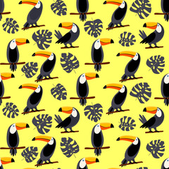 Jungle bird seamless pattern in doodle style with simple toucan. Flat vector print for textile, fabric, giftwrap, wallpapers.