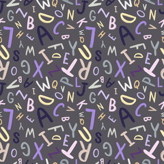 Pattern with English letters hand drawn on a gray background. The color of the year 2022. Seamless Pattern.