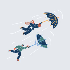  artoon illustration of woman and man flying away with umbrellas with wind