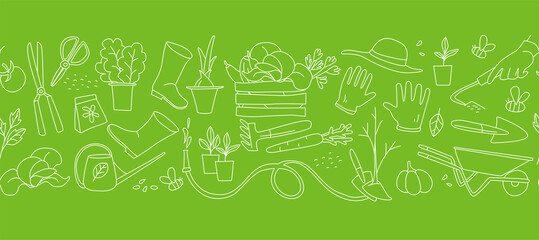 Gardening, preparing spring season, seedlings, growing farm vegetables, garden tools