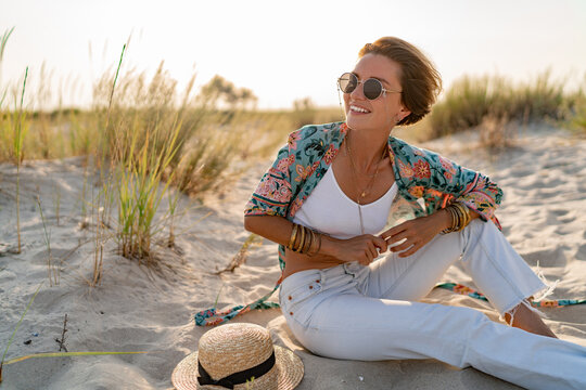 Stylish Attractive Slim Smiling Woman On Beach In Summer Style Fashion Trend Outfit