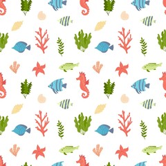 Summer seamless pattern with seaweed, corals and shells. Flat vector illustration