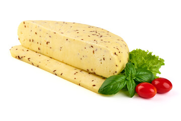 Traditional Latvian homemade cheese with cumin seeds for annual Latvian festival celebrating the summer solstice Ligo holiday. Isolated on white background.