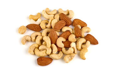 Mix of cashew nuts and almond, isolated on white background.