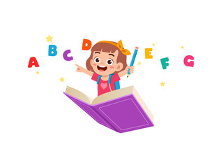 little kid riding a book and fly