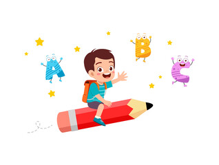 little kid riding a pencil and fly