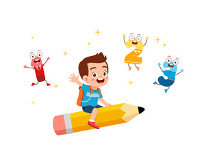little kid riding a pencil and fly