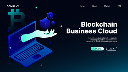 Blockchain Business Cloud. Isometric Landing Page. Vector illustration