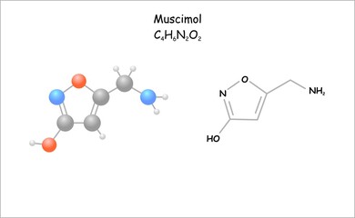 Stylized molecule model/structural formula of muscimol. Substance is responsible for the effects of fly agaric intoxication (Amanita muscaria).