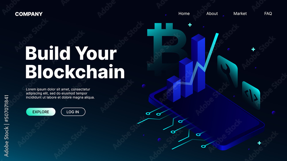 Poster build your blockchain landing page for website. vector illustration